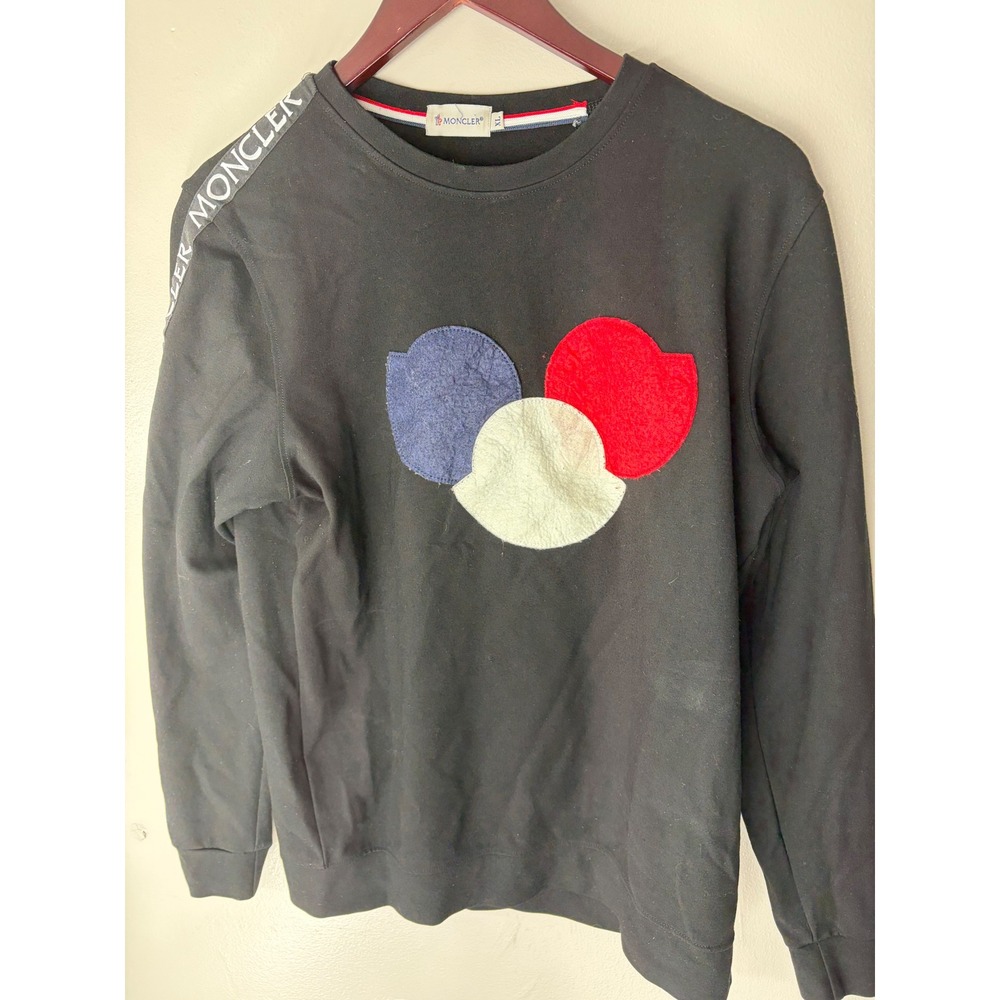 Moncler Maglia Sweatshirt Black Tricolor Logo Tape Sleeve Mens XL